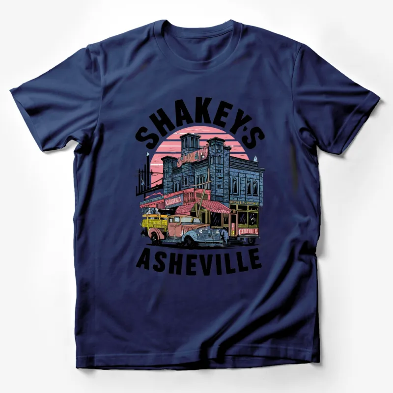 Vintage Asheville Shakeys Print T-Shirt, Retro Diner Graphic Tee, Unisex Casual Wear, Unique Illustrated Top, Urban Streetwear Male T-Shirt