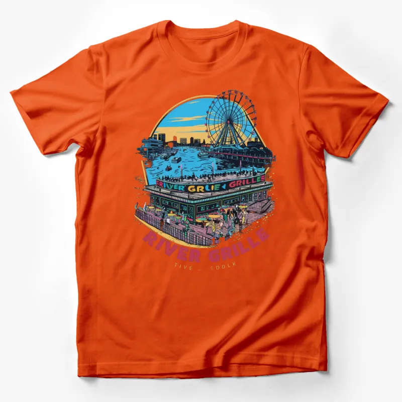 Vintage River Grille Ferris Wheel Graphic Tee, Colorful Skyline T-Shirt, Unisex Apparel Male T-Shirt