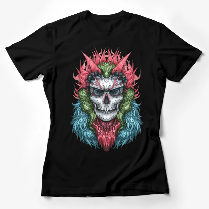 Men's Vibrant Skull T-Shirt with Vivid Green and Red Colors, Unique Graphic Tee for Festivals and Casual Wear Female T-Shirt