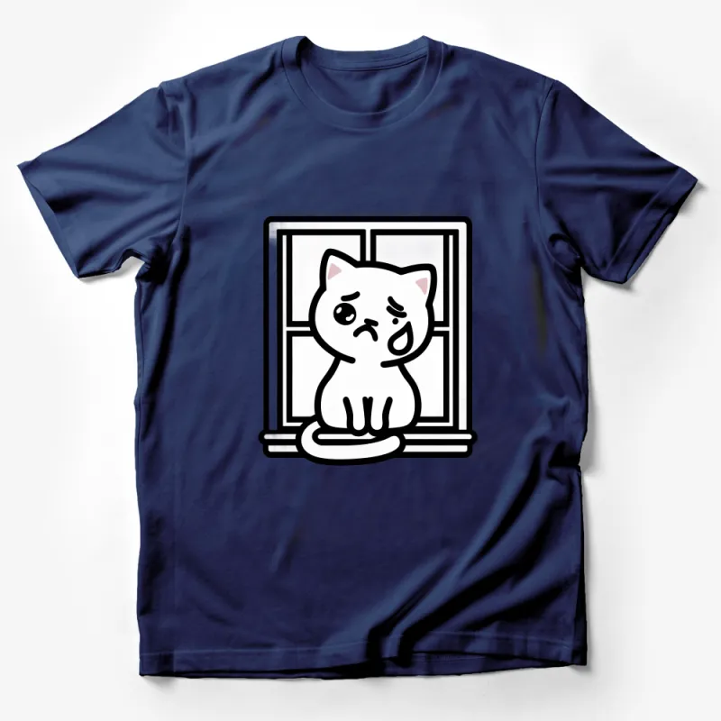 Cute Cartoon Cat in Window Frame Graphic T-Shirt, Whimsical Kitten Illustration Tee, Casual Clothing for Cat Lovers and Pet Owners Male T-Shirt