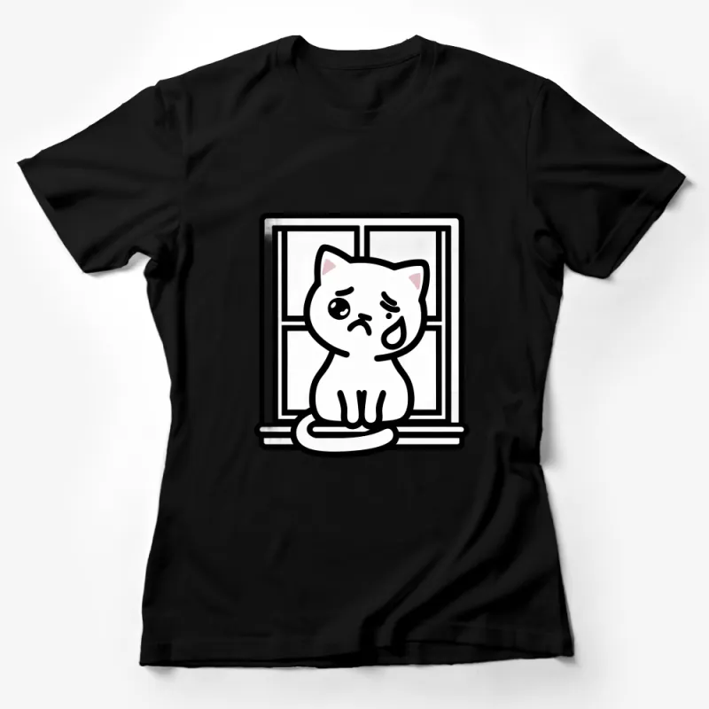 Cute Cartoon Cat in Window Frame Graphic T-Shirt, Whimsical Kitten Illustration Tee, Casual Clothing for Cat Lovers and Pet Owners Female T-Shirt