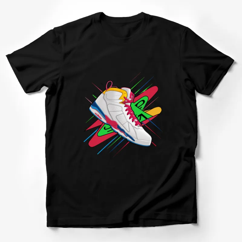 Retro Sneaker T-Shirt, Colorful High Top Shoe Print, Urban Streetwear, Unisex Fashion Tee, Casual Wear, Hip Hop Style Top Male T-Shirt