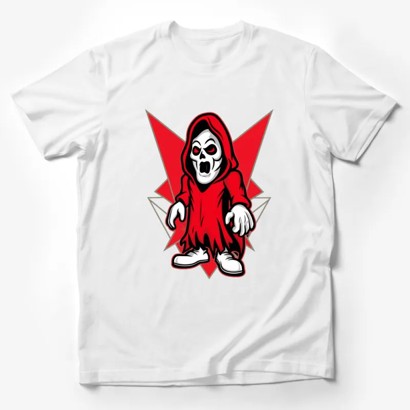 Graphic Red Hooded Skeleton T-Shirt, Unisex Horror Tee, Spooky Casual Wear, Bold Streetwear, Edgy Skull Shirt, Gift for Gothic Lovers Male T-Shirt