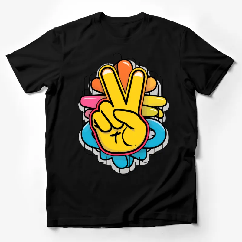 Colorful Hand Peace Sign Graphic Tee, Vibrant Streetwear T-Shirt, Unisex Urban Fashion Top Male T-Shirt