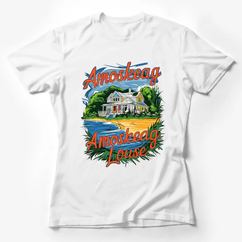 Vintage Beach House Graphic Tee, Amoskeag House Summer T-Shirt, Casual Oceanfront Cottage Shirt Female T-Shirt