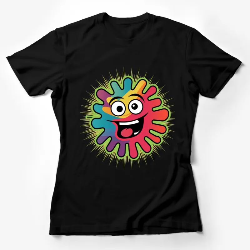 Colorful Cartoon Splash Smiley Face T-Shirt, Unisex Graphic Tee, Artistic Casual Wear, Gift for Art Lovers, Vibrant Design Top Female T-Shirt