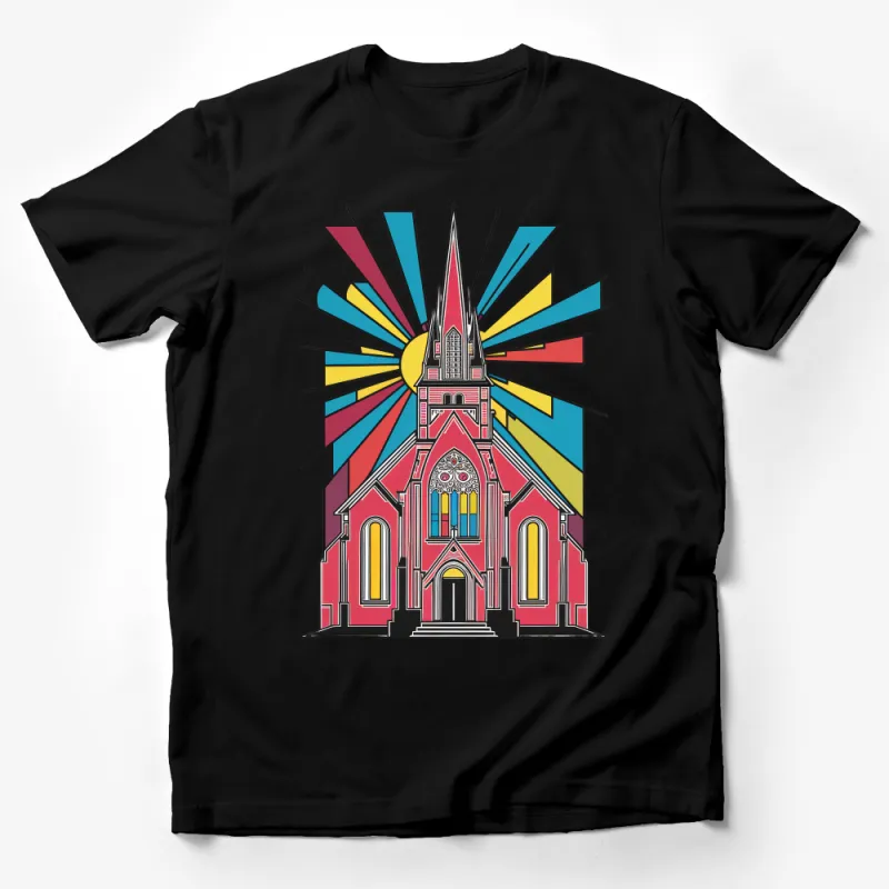 Vibrant Church Art T-Shirt, Colorful Cathedral Graphic Tee, Stained Glass Window Style Top, Unique Religious Fashion Apparel Male T-Shirt