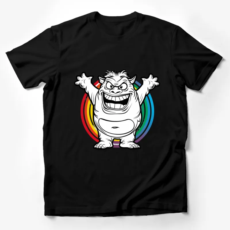 Cartoon Monster T-Shirt, Colorful Rainbow Backdrop, Fun Graphic Tee for All Ages, Unisex Casual Wear Male T-Shirt