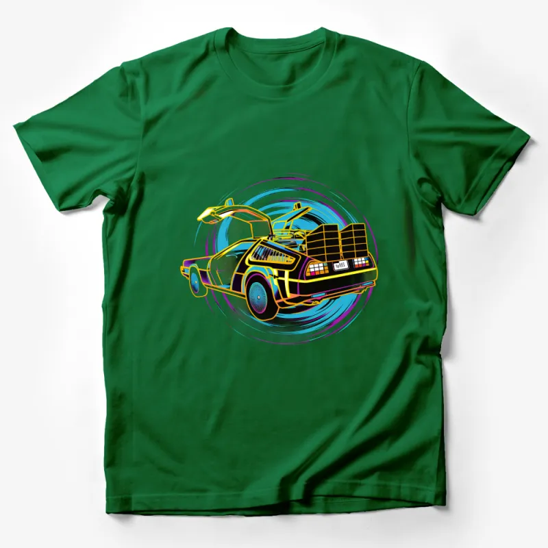 Retro Futuristic Car T-Shirt, Vibrant Time Travel Tee, Sci-Fi Fan Apparel, Unisex Graphic Shirt Male T-Shirt