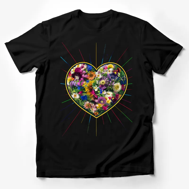 Floral Heart T-Shirt, Colorful Flower Print, Women's Casual Wear, Romantic Botanical Tee, Soft Cotton, Gift for Her, Spring Summer Top Male T-Shirt