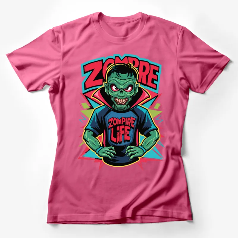 Zompire Life Graphic Tee, Unisex Vampire Zombie Shirt, Bold Colorful Casual Streetwear, Unique Illustration Fashion Top, Gift for Geeks Female T-Shirt