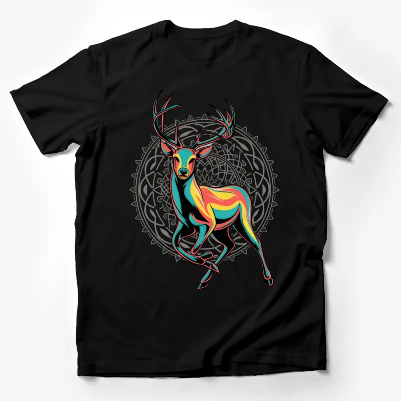 Rainbow Deer with Geometric Background, Artistic Colorful Stag T-Shirt, Unisex Graphic Tee, Nature Lovers Clothing Gift Male T-Shirt