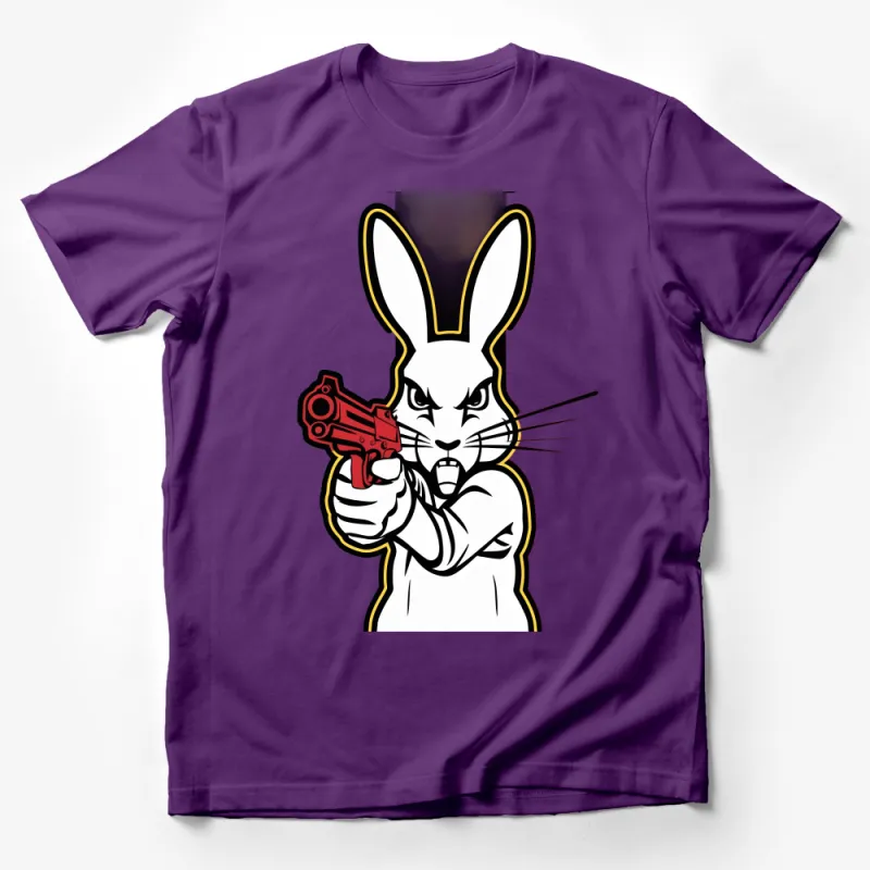 Bold Cartoon Rabbit with Red Gun Graphic T-Shirt, Unisex Cool Animal Tee Male T-Shirt