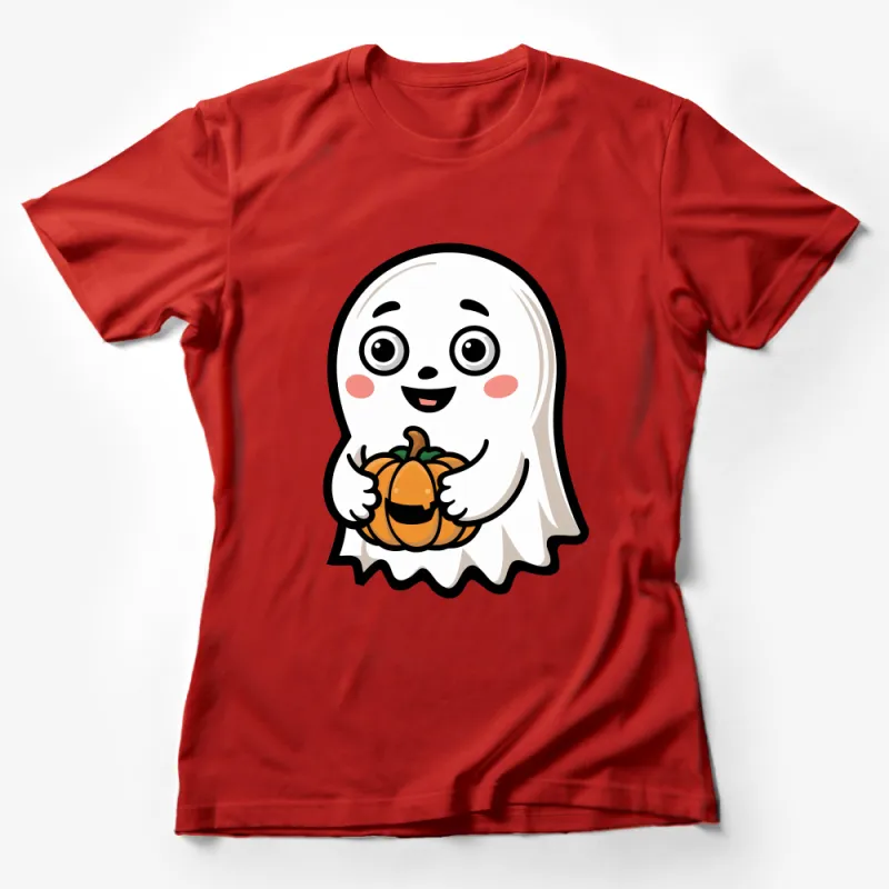 Cute Friendly Ghost Holding a Pumpkin Halloween T-Shirt for All Ages Female T-Shirt