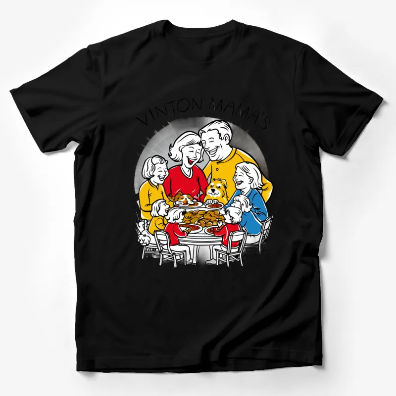 Family Gathering T-Shirt with Cartoon Dinner Scene, Fun Family Reunion Apparel Male T-Shirt