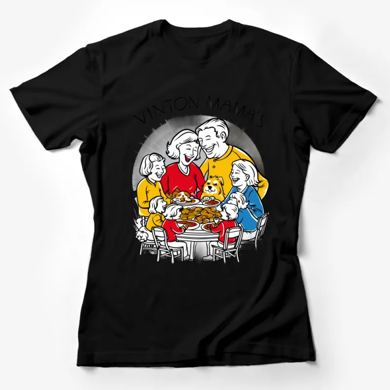 Family Gathering T-Shirt with Cartoon Dinner Scene, Fun Family Reunion Apparel Female T-Shirt