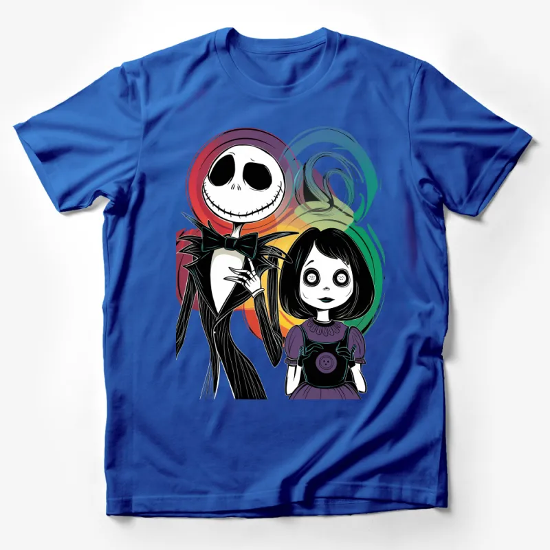 Unique Animated Skeleton and Girl T-Shirt, Colorful Swirls, Quirky Halloween Apparel Male T-Shirt