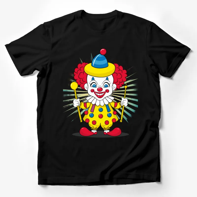 Happy Circus Clown Cartoon T-Shirt, Colorful Funny Character Tee, Unisex Adult and Kids Sizes Male T-Shirt