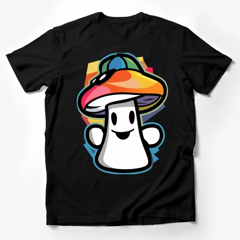 Colorful Mushroom Character T-Shirt, Fun Fungi Graphic Tee, Vibrant Unisex Clothing, Casual Wear Male T-Shirt