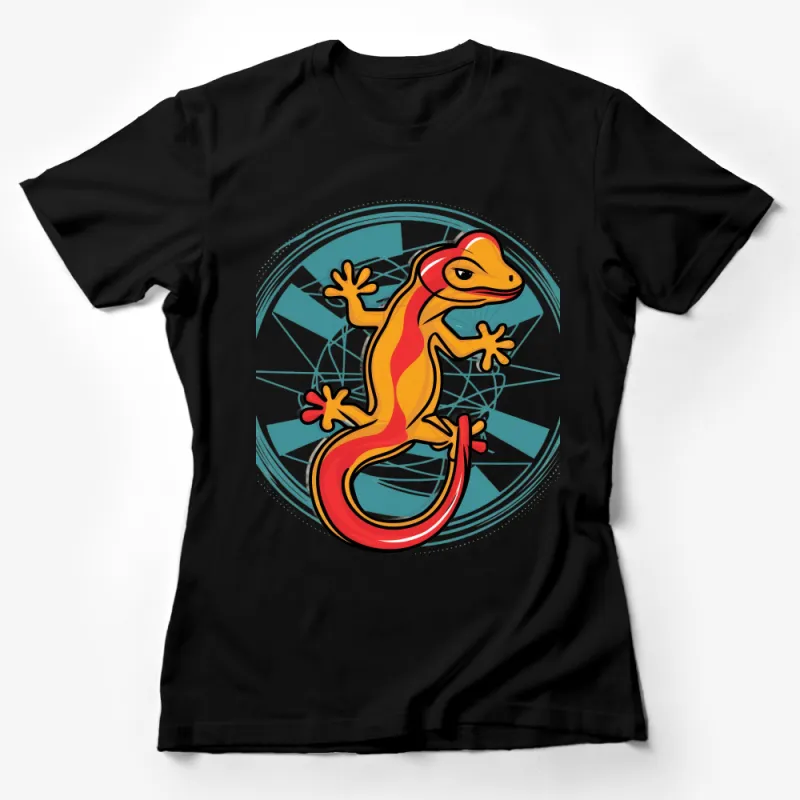 Colorful Gecko Lizard on Geometric Background Unisex T-Shirt Design Female T-Shirt