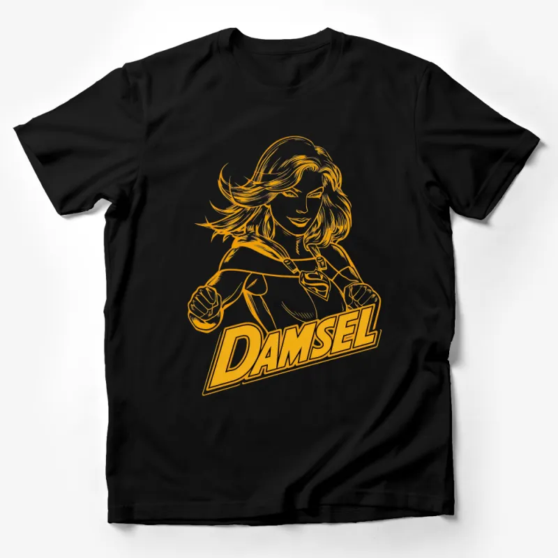 Superhero Damsel Graphic Tee, Bold Orange Outline, Casual Cotton T-Shirt, Comic Book Style, Unisex Apparel Male T-Shirt