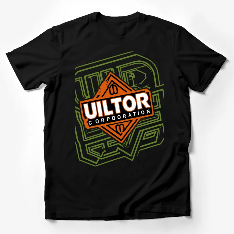 Unique Graphic T-Shirt, Bold Quilton Corporation Logo Design, Green and Orange Tee, Unisex Male T-Shirt