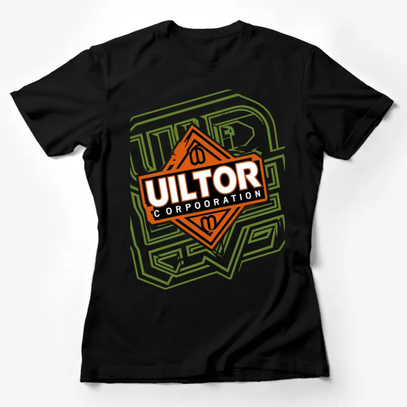 Unique Graphic T-Shirt, Bold Quilton Corporation Logo Design, Green and Orange Tee, Unisex Female T-Shirt