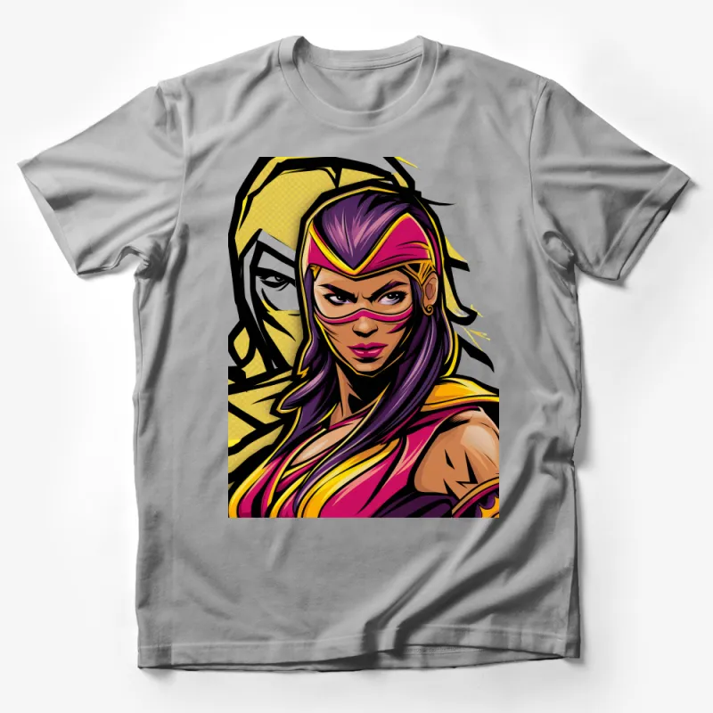 Vibrant Female Superhero with Mask Graphic Tee, Bold Comic Book Style Art Shirt Male T-Shirt