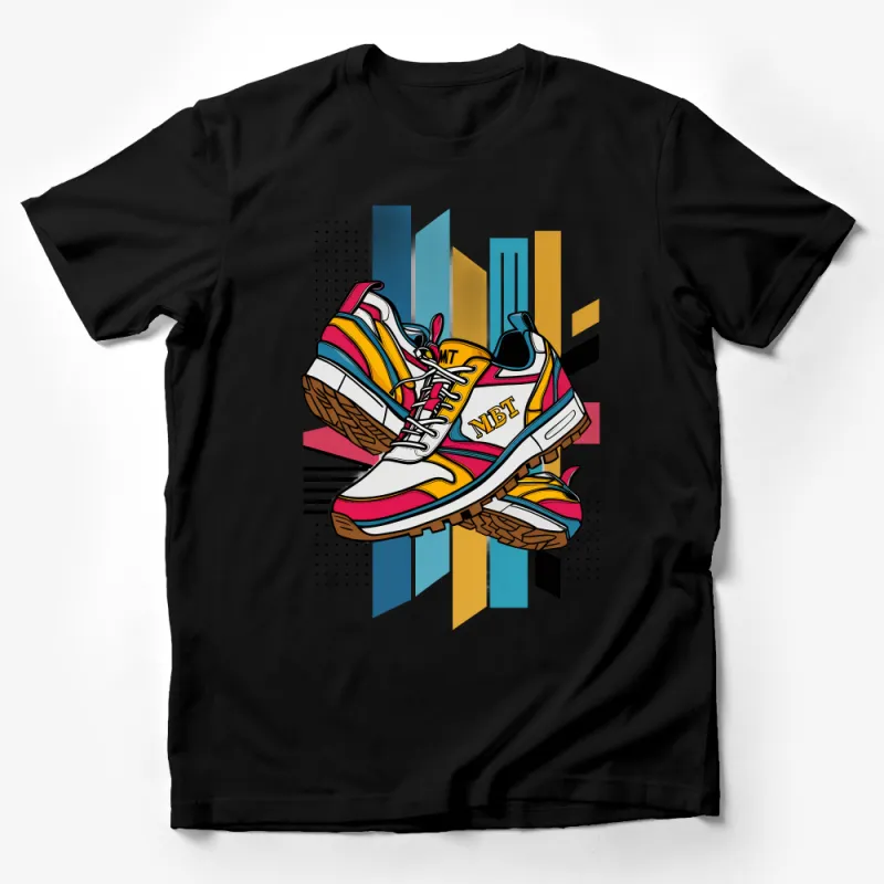 Vibrant Retro Sneaker Illustration T-Shirt, Colorful Streetwear Tee, Urban Hip Hop Fashion Top Male T-Shirt