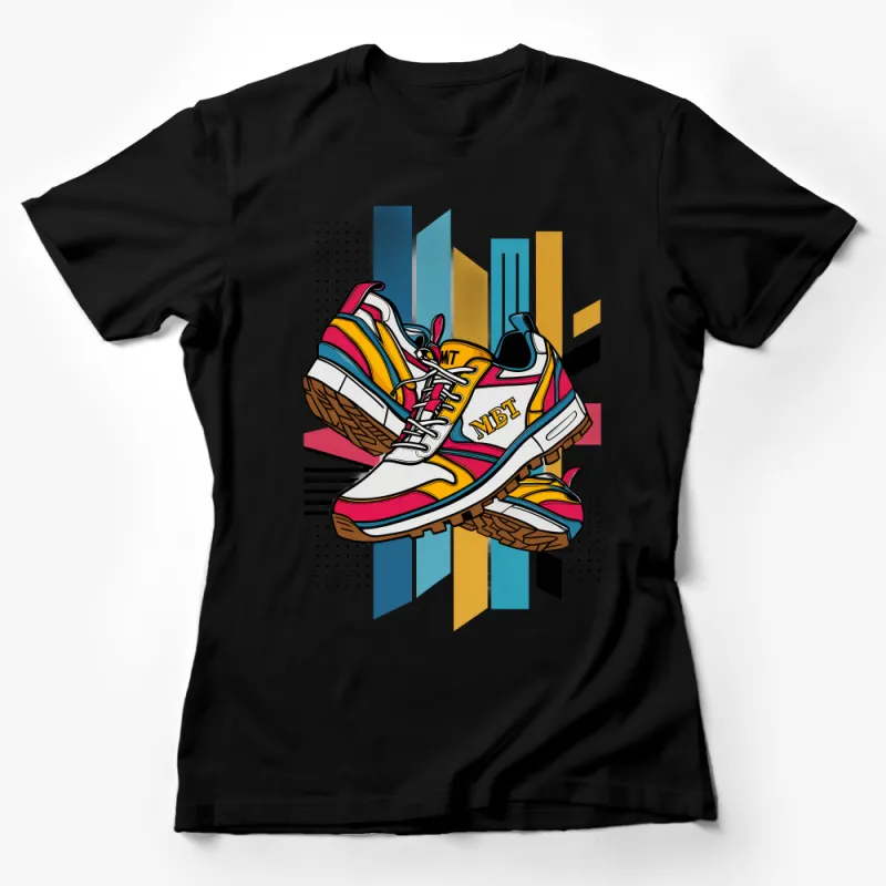 Vibrant Retro Sneaker Illustration T-Shirt, Colorful Streetwear Tee, Urban Hip Hop Fashion Top Female T-Shirt