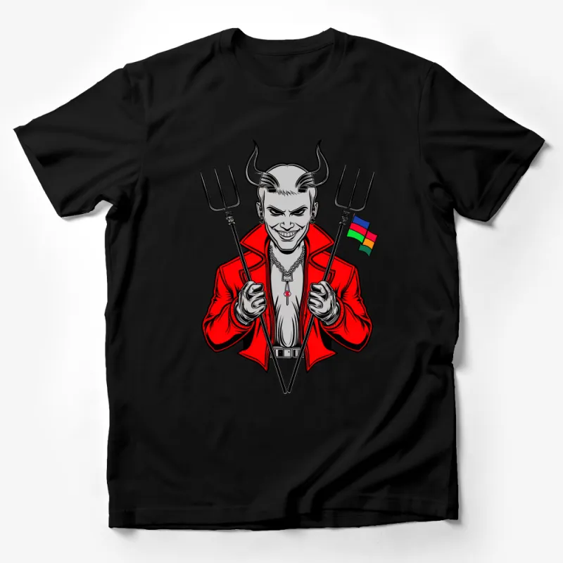 Unique Red Devil Graphic T-Shirt with Bold Horned Character and Twin Pitchforks Male T-Shirt