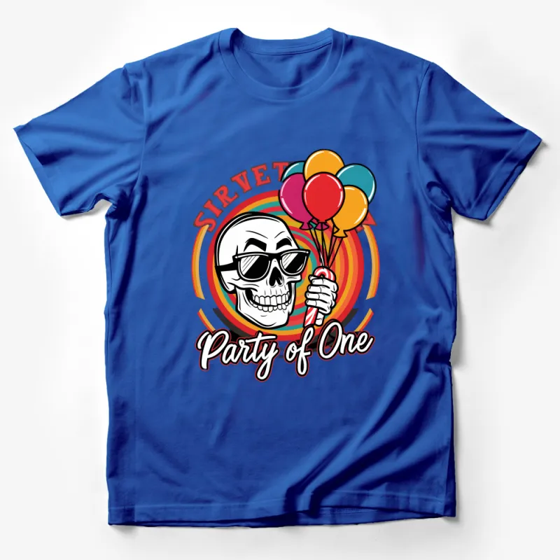 Fun Skull T-Shirt with Balloons, Party of One, Cool Sunglasses Skull Graphic Tee, Unisex Adult Apparel Male T-Shirt