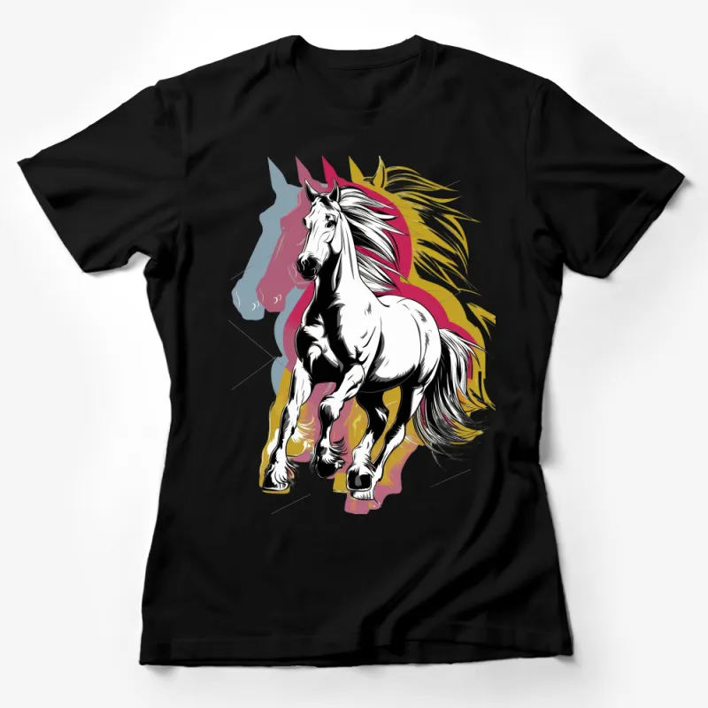 Majestic White Horse with Colorful Mane Graphic T-Shirt, Artistic Stallion Design Tee Female T-Shirt