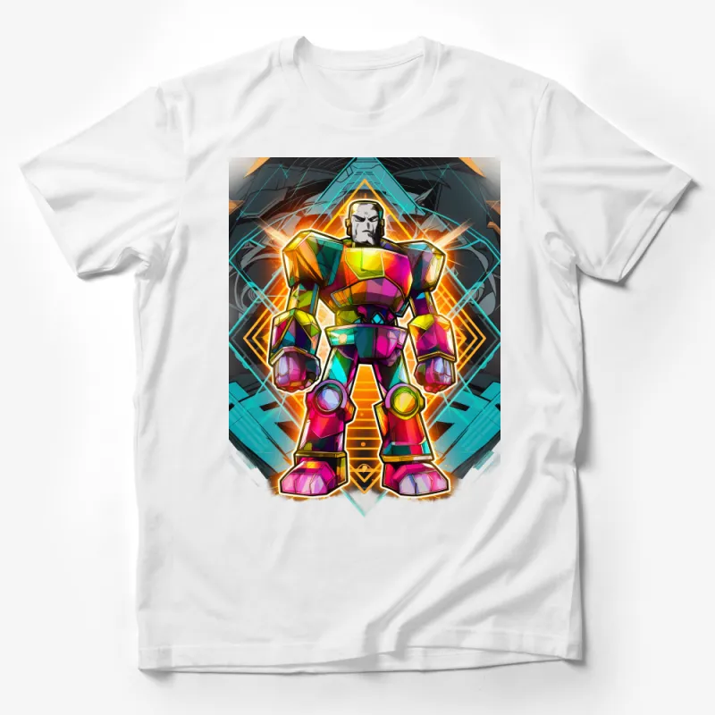 Colorful Geometric Robot T-Shirt, Vibrant Sci-Fi Apparel, Unisex Graphic Tee, Modern Artistic Clothing, Casual Streetwear Male T-Shirt