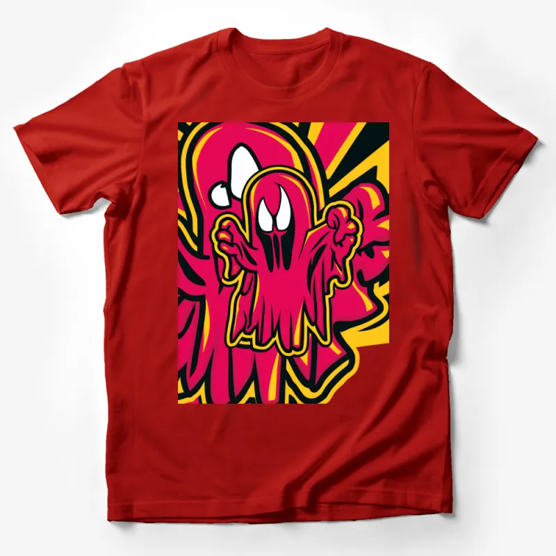 Bold Cartoon Ghost Graphic Tee, Vibrant Red and Yellow T-Shirt, Unisex Casual Wear Male T-Shirt