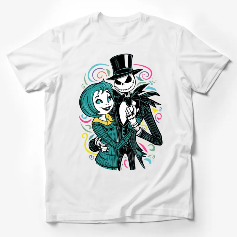 Whimsical Skeleton and Lady Print T-Shirt, Colorful Gothic Couple Tee, Artistic Halloween Apparel, Unisex Graphic Shirt Male T-Shirt