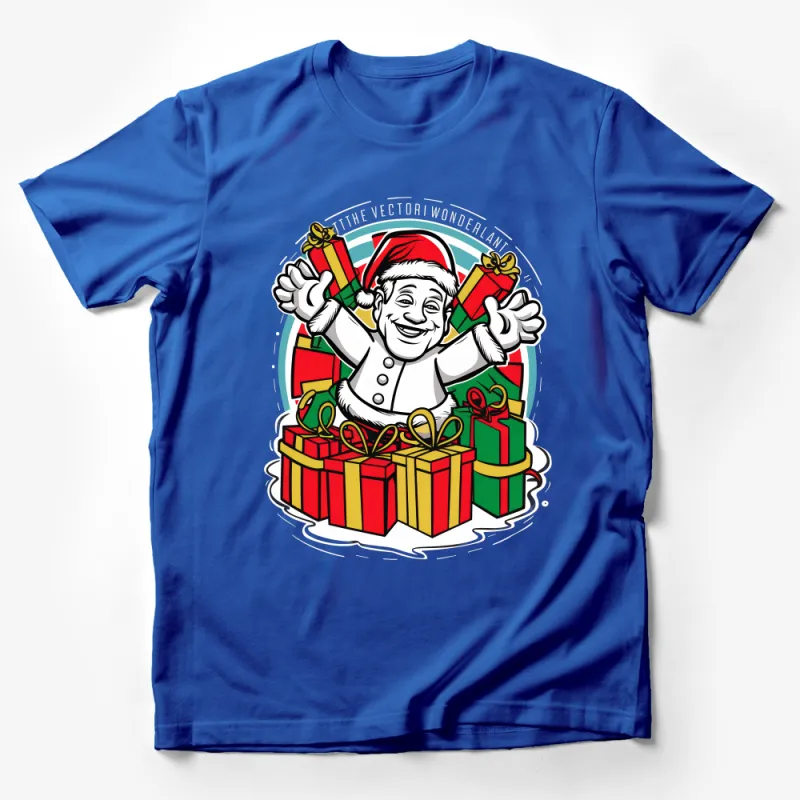 Festive Elf Christmas T-Shirt, Colorful Holiday Gift Boxes Graphic Tee, Unisex Xmas Party Casual Top, Fun Holiday Apparel for All Ages Male T-Shirt