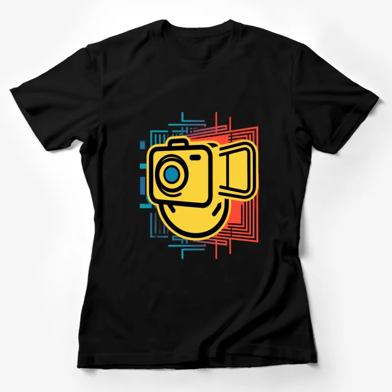 Abstract Camera Design T-Shirt, Colorful Geometric Graphic Tee, Unisex Modern Art Tee, Photography Enthusiast Gift Female T-Shirt