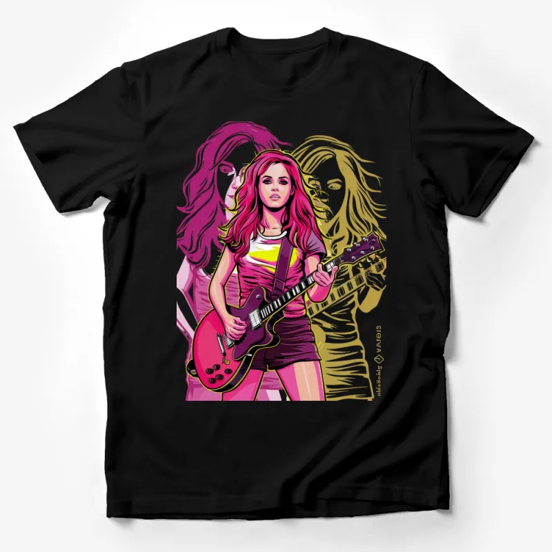 Women's Rockstar Guitarist T-Shirt, Vibrant Musician Graphic Tee, Fashionable Band Shirt, Colorful Female Guitar Player Top Male T-Shirt