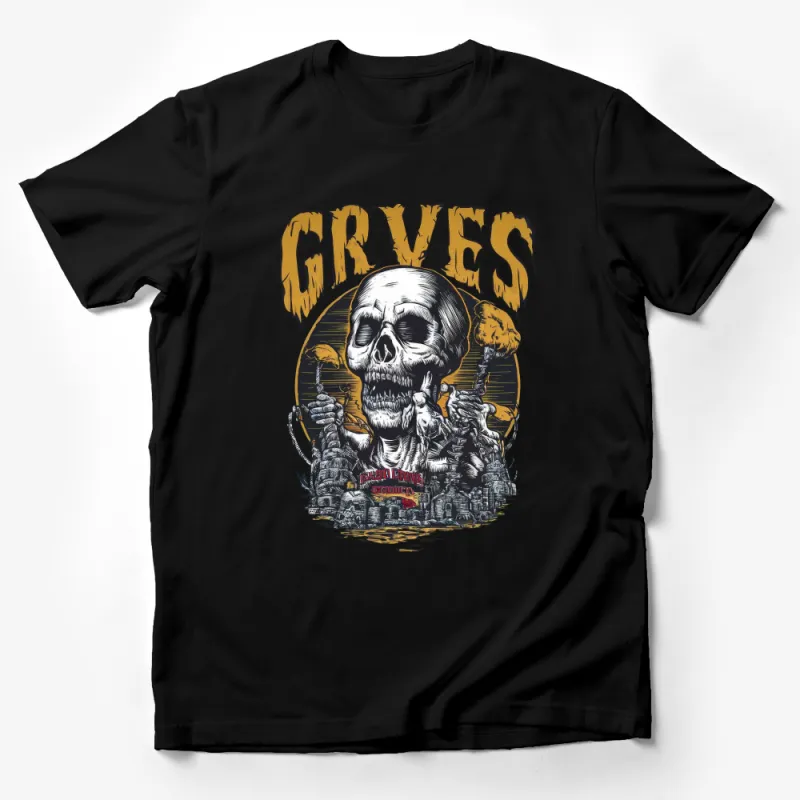 Gothic Skull Graphic Tee, GRVES Horror Themed T-Shirt, Urban Dark Fantasy Streetwear, Edgy Unisex Clothing, Rocker Fashion Top Male T-Shirt