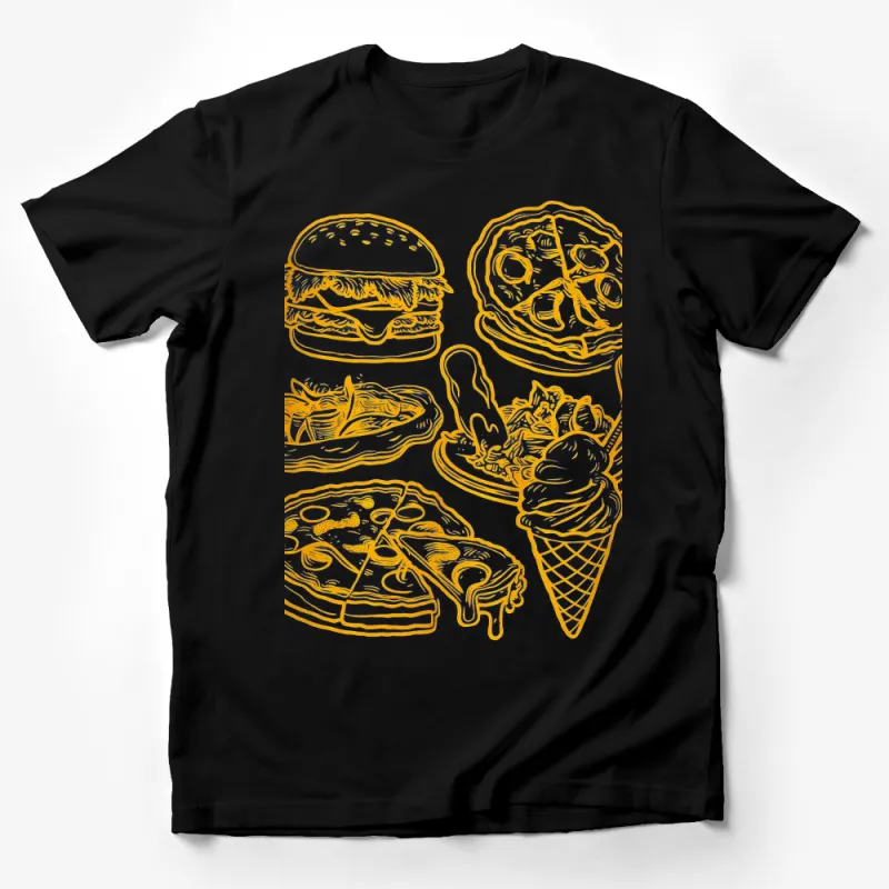 Fast Food Feast T-Shirt, Burger Pizza Fries Ice Cream Graphic Tee, Unisex Foodie Shirt, Casual Dining Tee Apparel Male T-Shirt