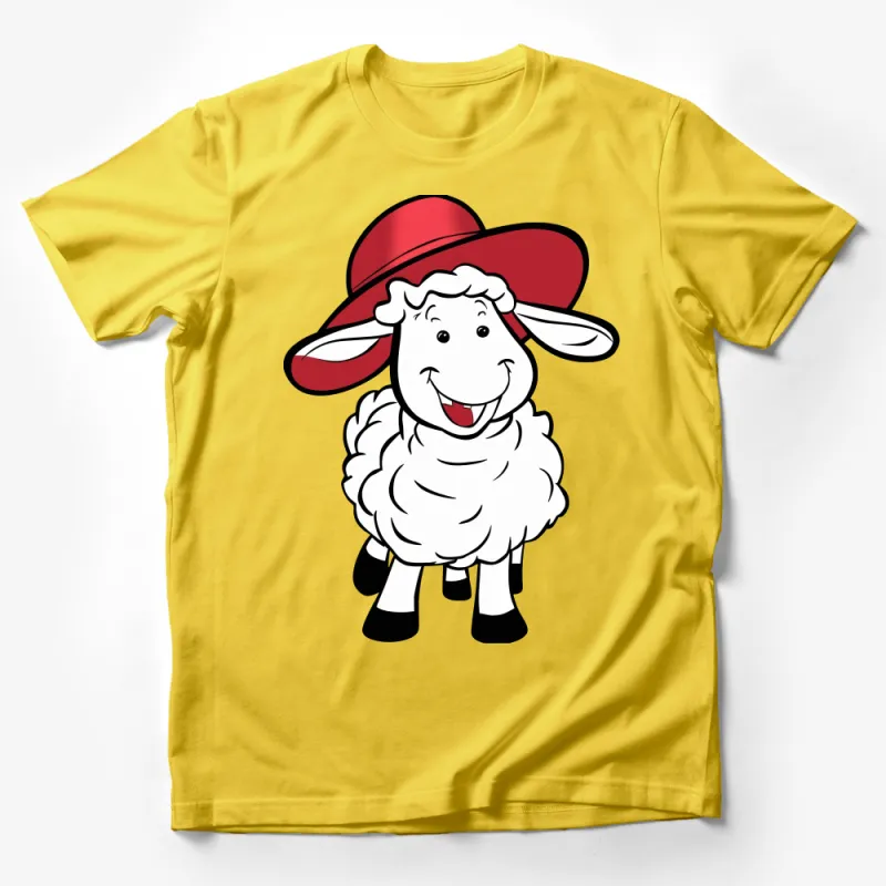 Cute Sheep Graphic T-Shirt, Cartoon Sheep with Red Hat, Unisex Tee, Casual Cotton Shirt for Animal Lovers, Gift Idea Male T-Shirt