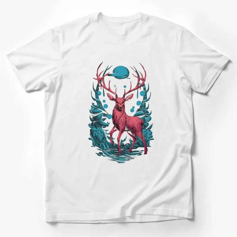 Red Stag T-Shirt, Nature Wilderness Graphic Tee, Unisex Deer with Antlers Shirt, Forest Animal Illustration, Outdoor Adventure Clothing Male T-Shirt