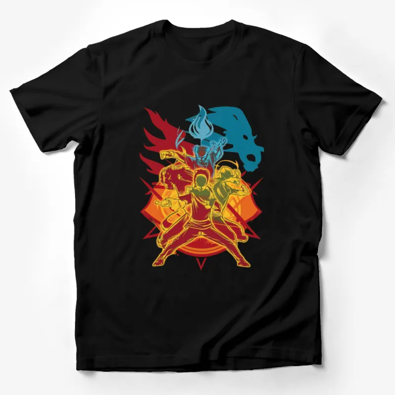 Colorful Martial Arts T-Shirt, Dynamic Fighter Poses Tee, Unisex Graphic Tee, Bold Anime Inspired Shirt Design Male T-Shirt