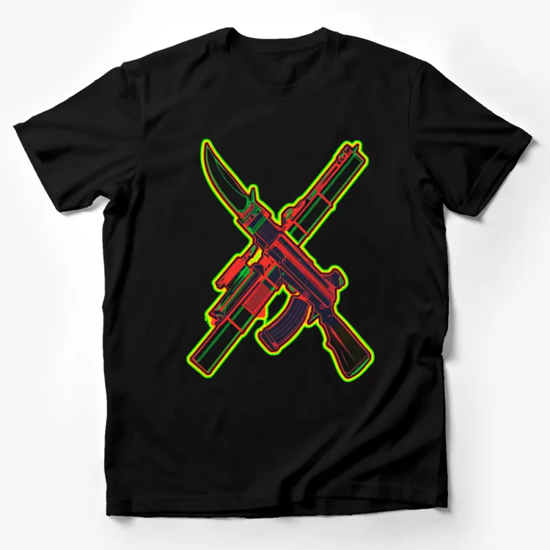 Neon Crossed Rifles T-Shirt, Colorful Assault Rifle Graphic Tee, Military Style Unisex Shirt, Vibrant Gun Illustration Top Male T-Shirt