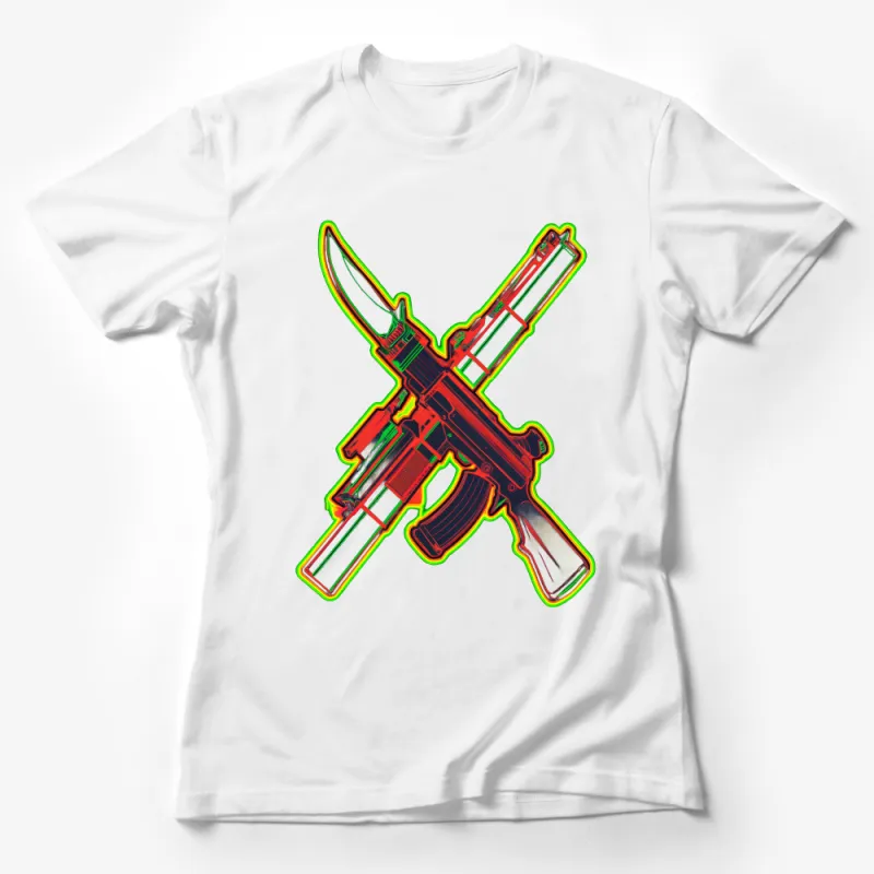 Neon Crossed Rifles T-Shirt, Colorful Assault Rifle Graphic Tee, Military Style Unisex Shirt, Vibrant Gun Illustration Top Female T-Shirt