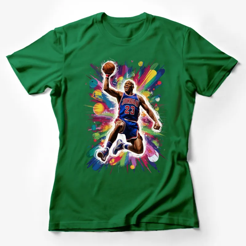 Vibrant Basketball Player Dunk Illustration T-Shirt, Colorful Sports Art Tee, Athletic Apparel, Unisex Graphic Shirt for Fans Female T-Shirt