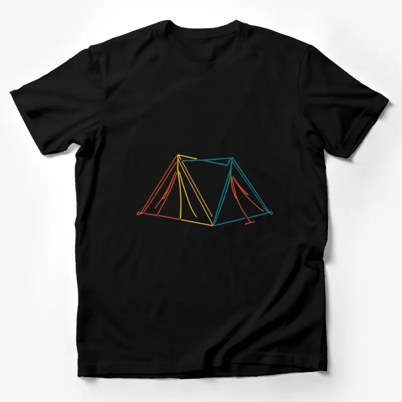 Abstract Line Art Tent T-Shirt, Colorful Camping Graphic Tee, Unisex Outdoor Adventure Shirt, Casual Nature Lover Gift, Unique Design Top Male T-Shirt