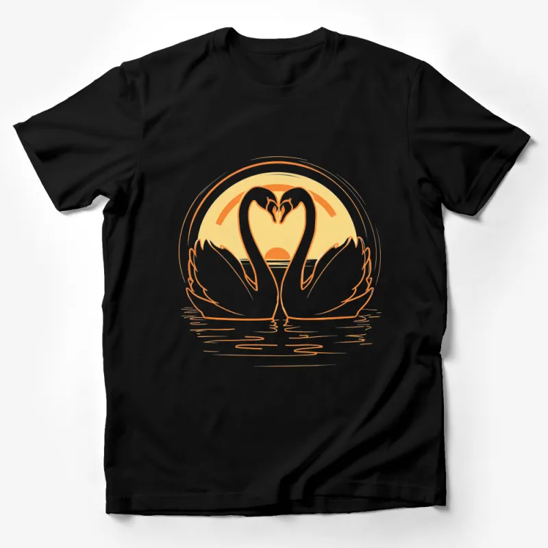 Romantic Swan Sunset Graphic Tee, Love Birds Nature Inspired Shirt, Serene Lake Scenery Cotton T-Shirt for Couples Male T-Shirt