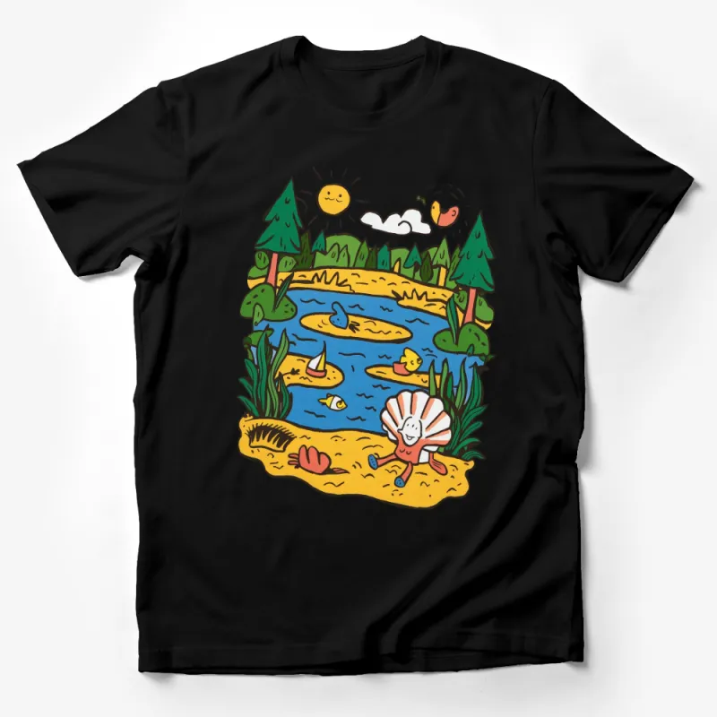 Colorful Lake Scene T-Shirt, Sunny Day Nature Landscape Tee, Casual Outdoor Adventure Top, Unisex Graphic Shirt Male T-Shirt